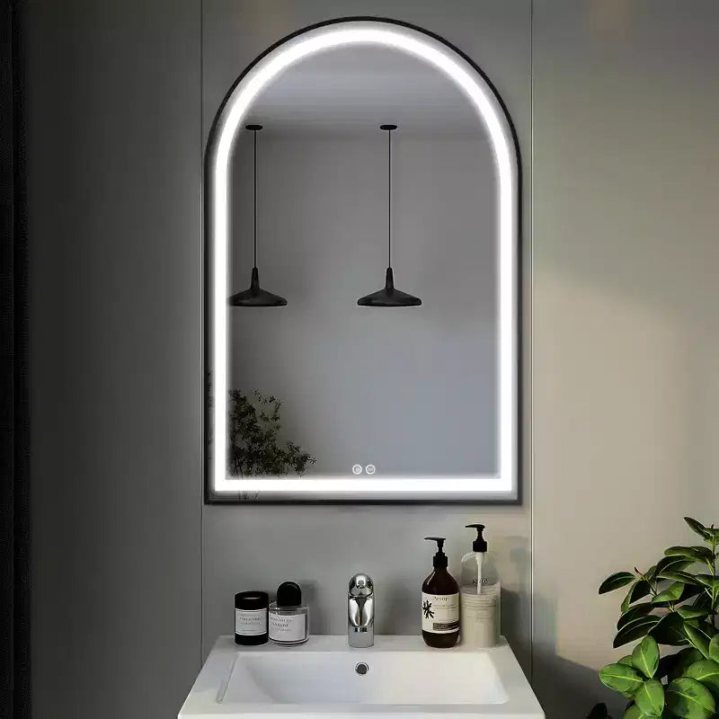 Miroir de salle de bain LED Dovelina avec cadre en métal et fonction anti-buée, en forme d'arche