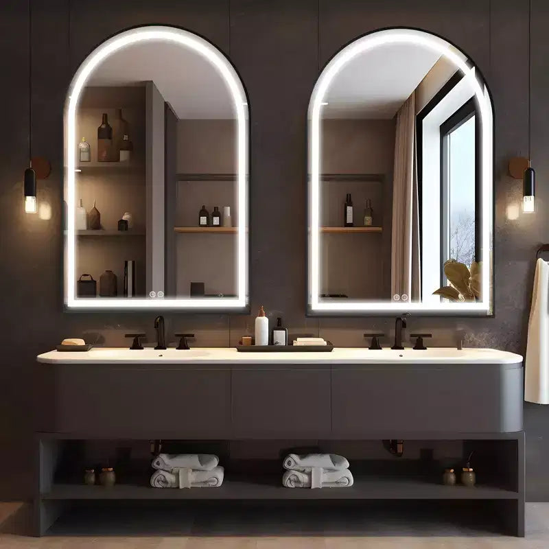 Miroir de salle de bain LED Dovelina avec cadre en métal et fonction anti-buée, en forme d'arche