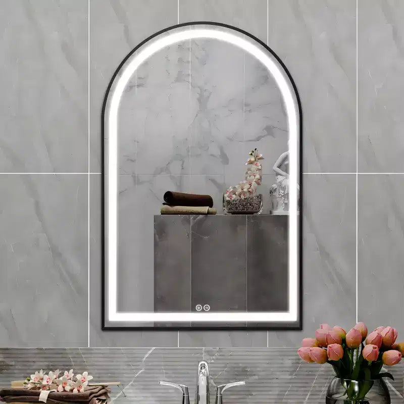 Miroir de salle de bain LED Dovelina avec cadre en métal et fonction anti-buée, en forme d'arche