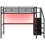 Lit mezzanine en métal pleine grandeur avec bureau, escalier de rangement et petite armoire ModernLuxe
