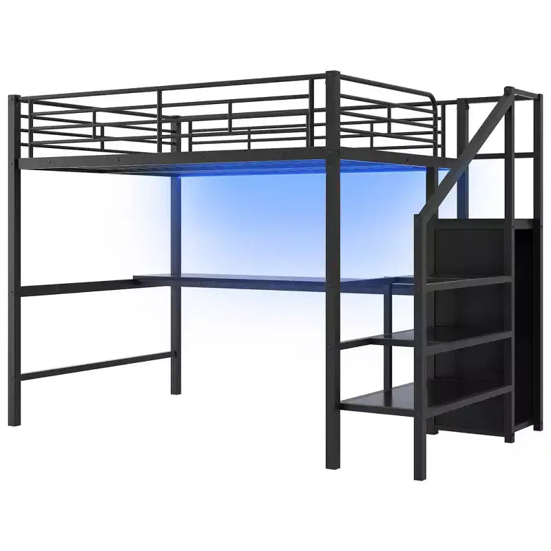 Lit mezzanine en métal pleine grandeur avec bureau, escalier de rangement et petite armoire ModernLuxe