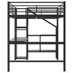 Lit mezzanine en métal pleine grandeur avec bureau, escalier de rangement et petite armoire ModernLuxe