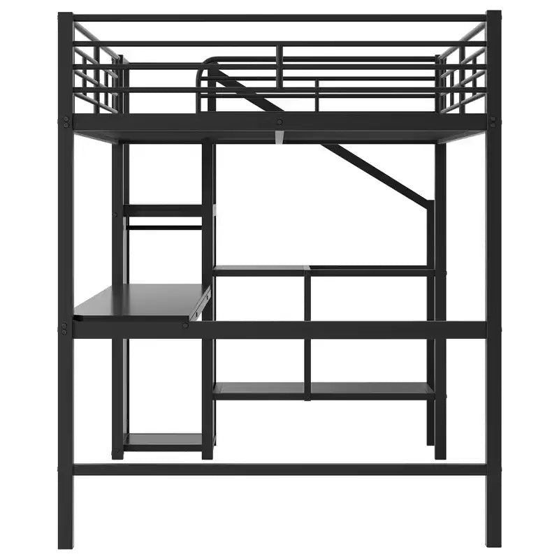 Lit mezzanine en métal pleine grandeur avec bureau, escalier de rangement et petite armoire ModernLuxe