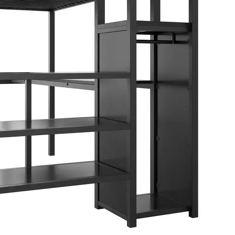 Lit mezzanine en métal pleine grandeur avec bureau, escalier de rangement et petite armoire ModernLuxe