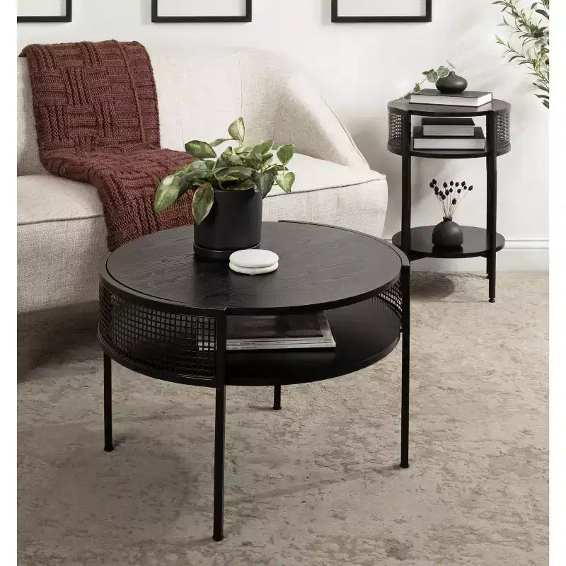 Table d'appoint ronde Urso en bois et métal, 16x15x25, noire, par Kate and Laurel