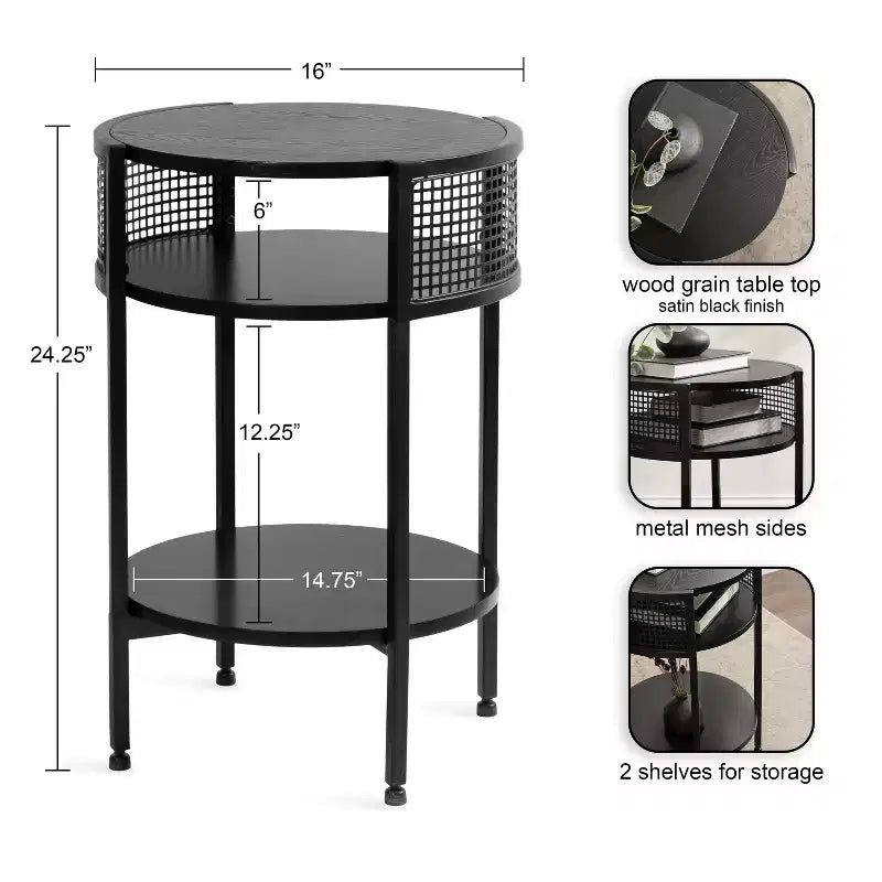 Table d'appoint ronde Urso en bois et métal, 16x15x25, noire, par Kate and Laurel