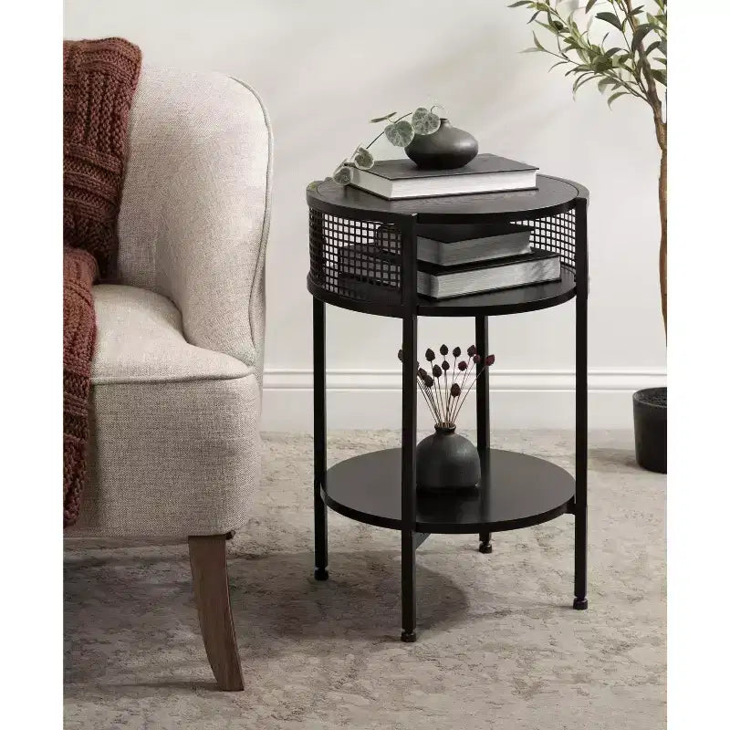 Table d'appoint ronde Urso en bois et métal, 16x15x25, noire, par Kate and Laurel
