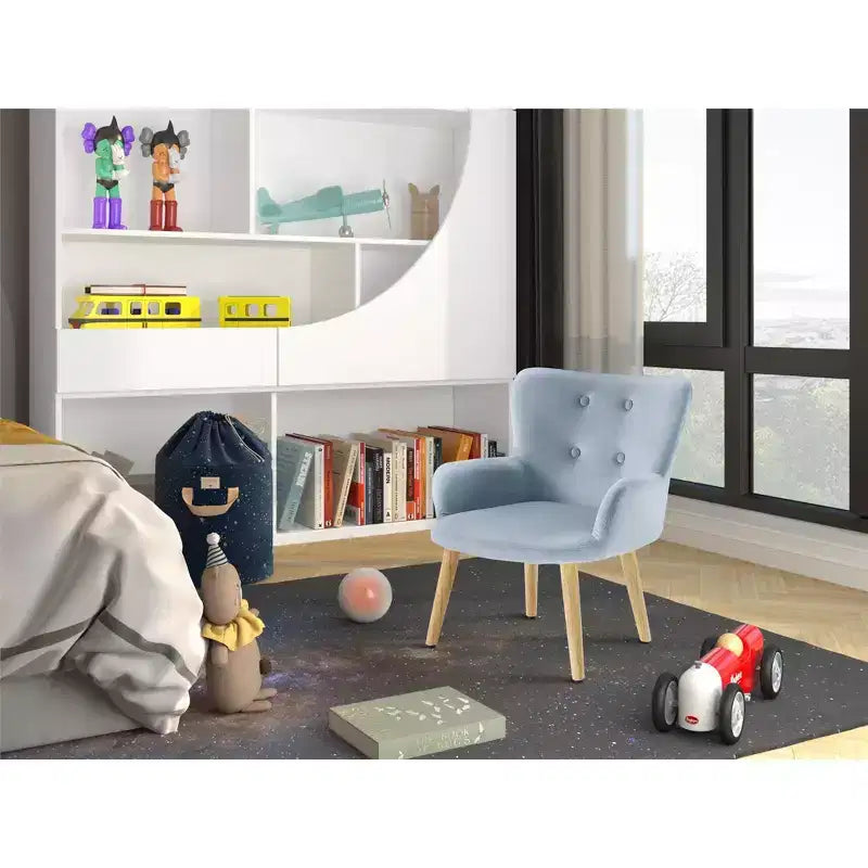 Fauteuil d'appoint rembourré pour enfants Ren Home Astrid avec pieds en pin, velours bleu glacier