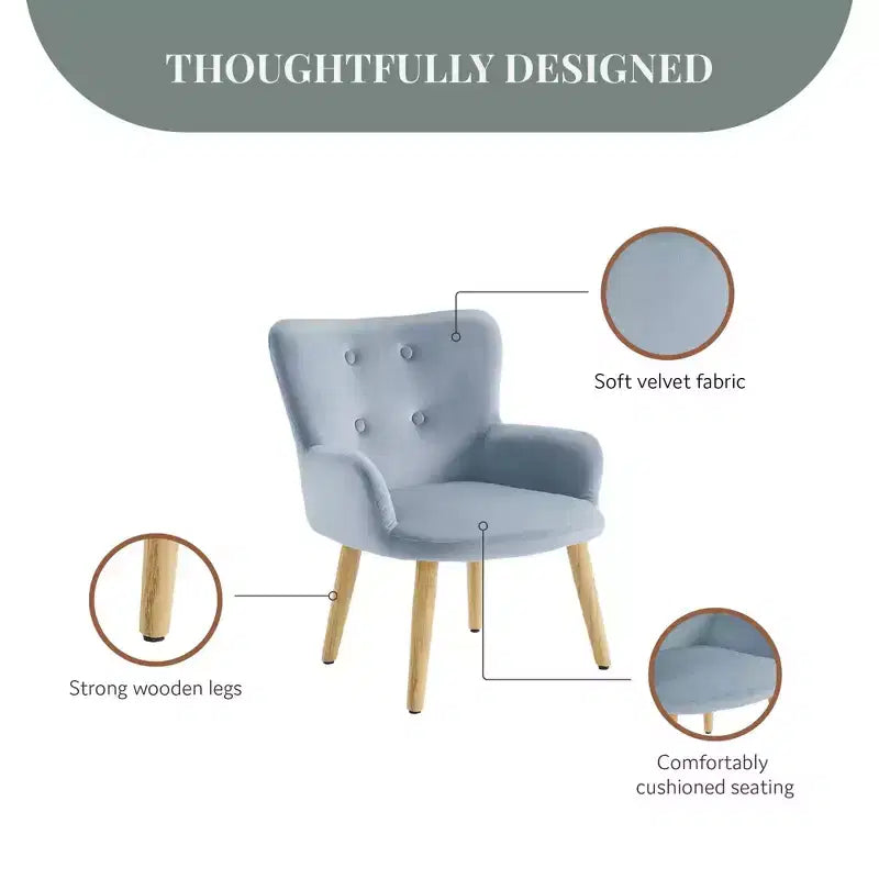 Fauteuil d'appoint rembourré pour enfants Ren Home Astrid avec pieds en pin, velours bleu glacier