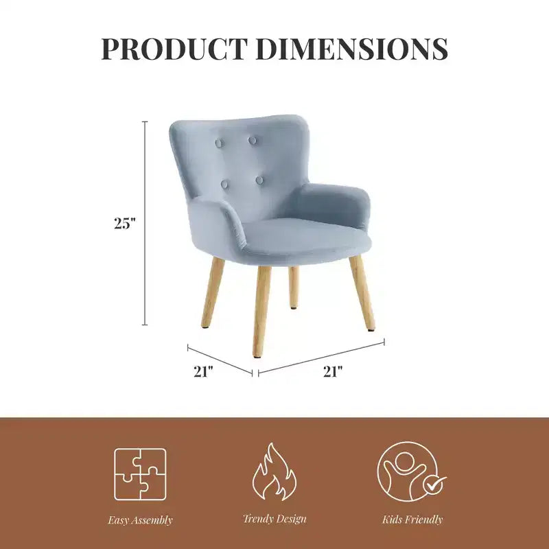 Fauteuil d'appoint rembourré pour enfants Ren Home Astrid avec pieds en pin, velours bleu glacier