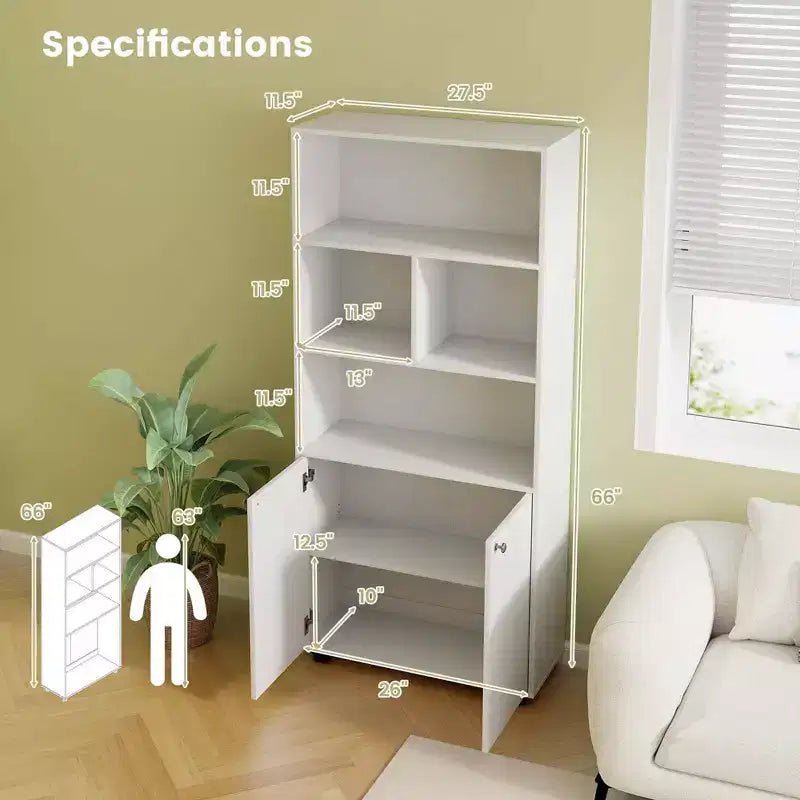 Costway Étagère sur Pied à 5 Niveaux de 168 cm, Meuble de Rangement à 2 Portes, Présentoir de Bibliothèque pour Maison