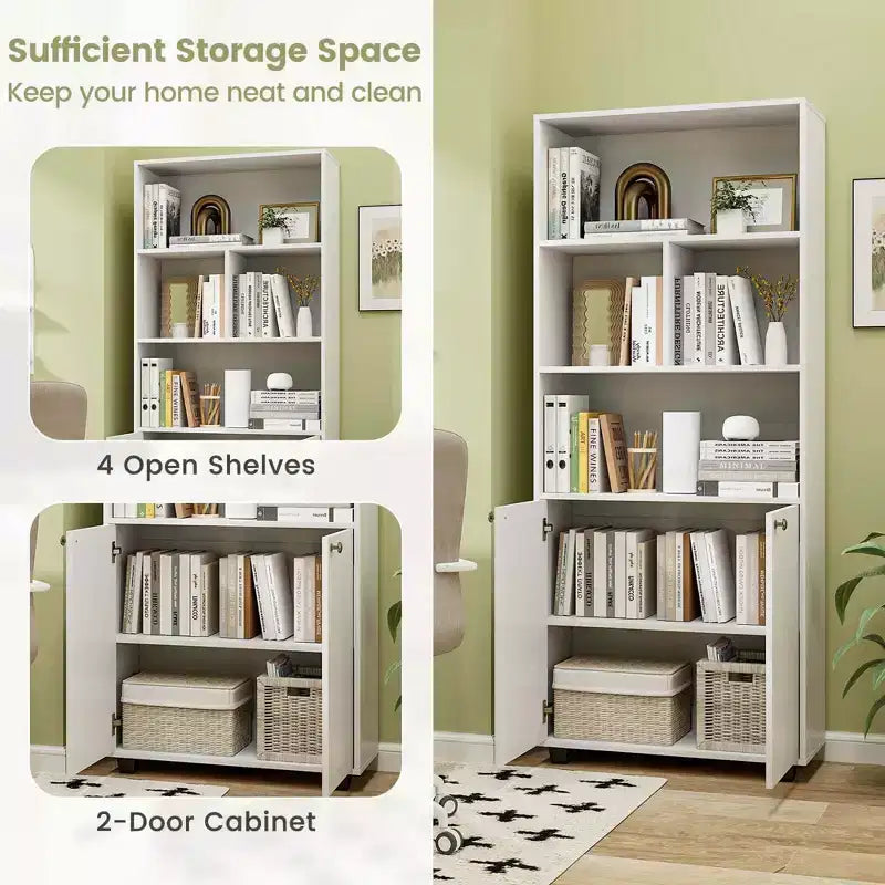 Costway Étagère sur Pied à 5 Niveaux de 168 cm, Meuble de Rangement à 2 Portes, Présentoir de Bibliothèque pour Maison