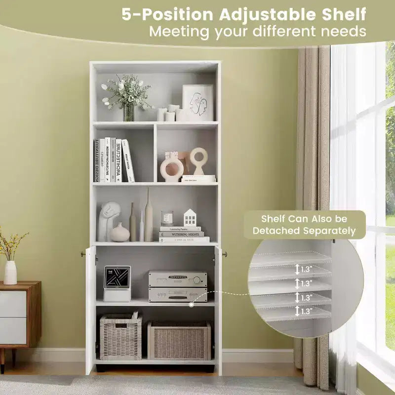 Costway Étagère sur Pied à 5 Niveaux de 168 cm, Meuble de Rangement à 2 Portes, Présentoir de Bibliothèque pour Maison