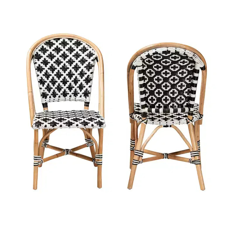 bali & pari Ambre Moderne Tressage Noir et Blanc Français Rotin Naturel Ensemble de 2 Chaises Bistro