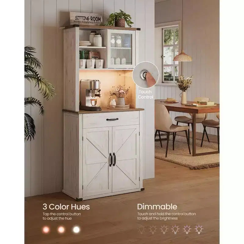 VASAGLE Meuble de rangement de cuisine de 180 cm avec lumières et station de charge, Armoire de cuisine style ferme