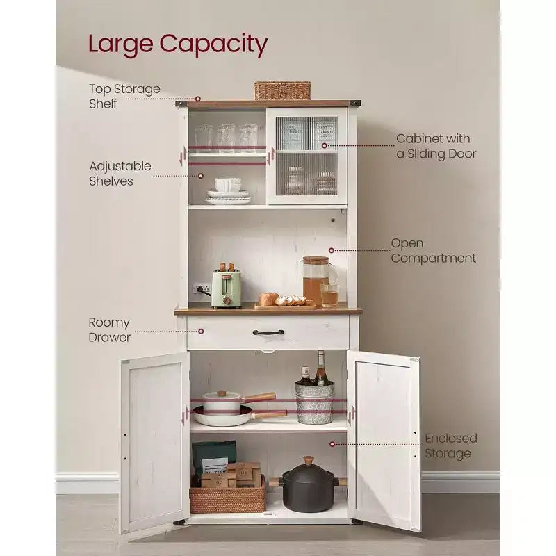 VASAGLE Meuble de rangement de cuisine de 180 cm avec lumières et station de charge, Armoire de cuisine style ferme