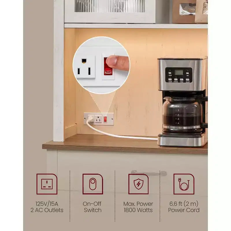 VASAGLE Meuble de rangement de cuisine de 180 cm avec lumières et station de charge, Armoire de cuisine style ferme