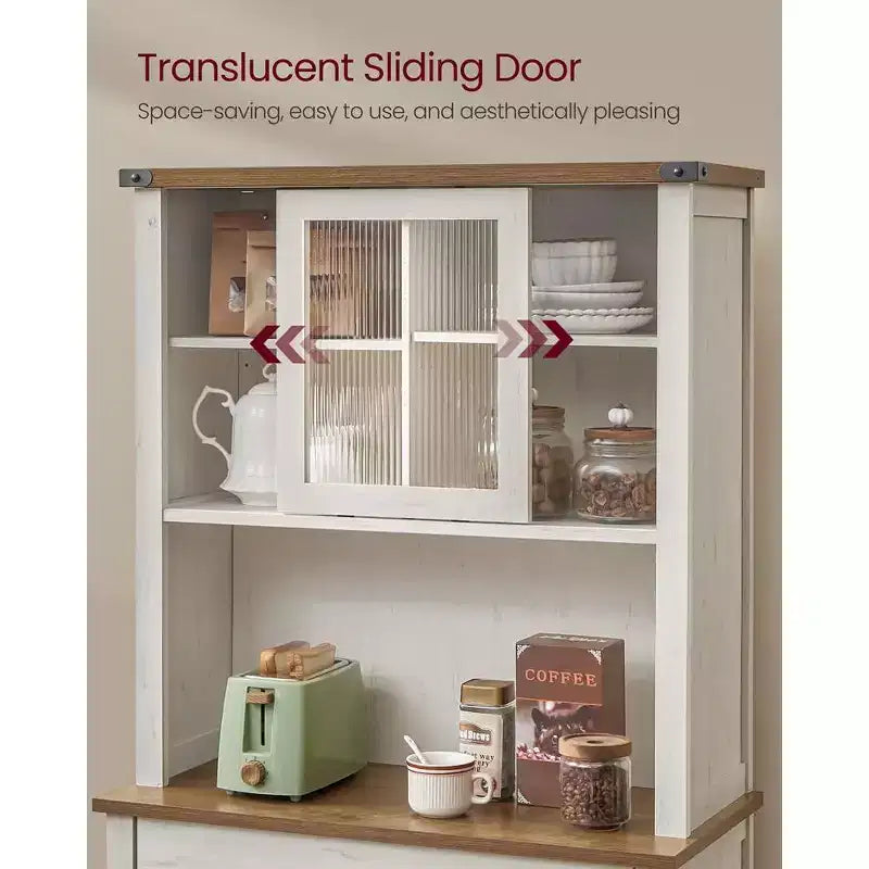 VASAGLE Meuble de rangement de cuisine de 180 cm avec lumières et station de charge, Armoire de cuisine style ferme