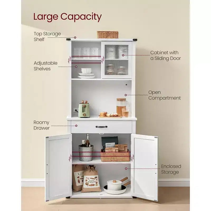 VASAGLE Meuble de rangement de cuisine de 180 cm avec lumières et station de charge, Armoire de cuisine style ferme