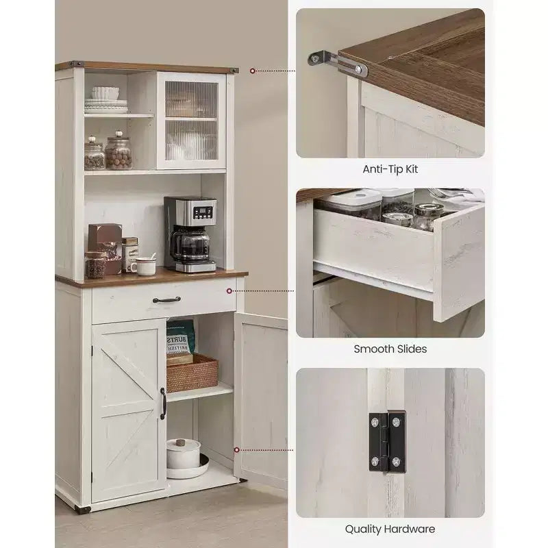 VASAGLE Meuble de rangement de cuisine de 180 cm avec lumières et station de charge, Armoire de cuisine style ferme