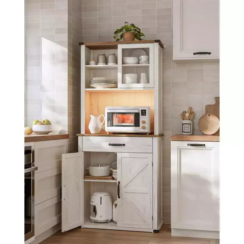 VASAGLE Meuble de rangement de cuisine de 180 cm avec lumières et station de charge, Armoire de cuisine style ferme