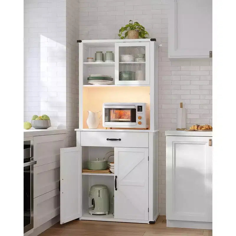 VASAGLE 71 Pantry Cabinet with Lights and Charging Station, Kitchen Pantry Cabinet,Farmhouse Storage Cabinet
