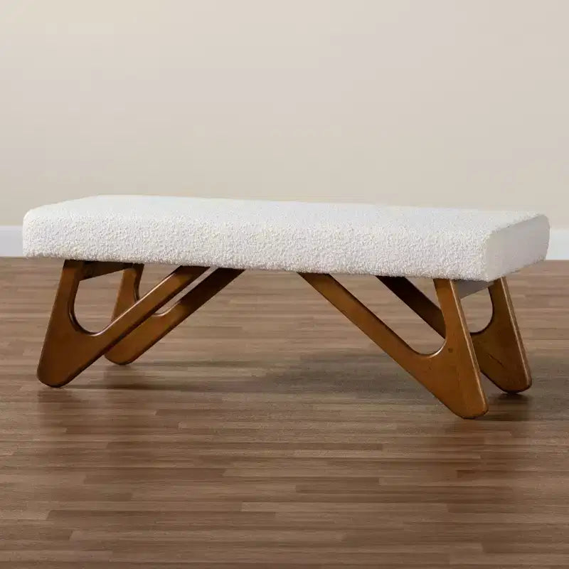 Banc Baxton Studio Rika en tissu bouclé crème et bois finition noyer marron style Japandi