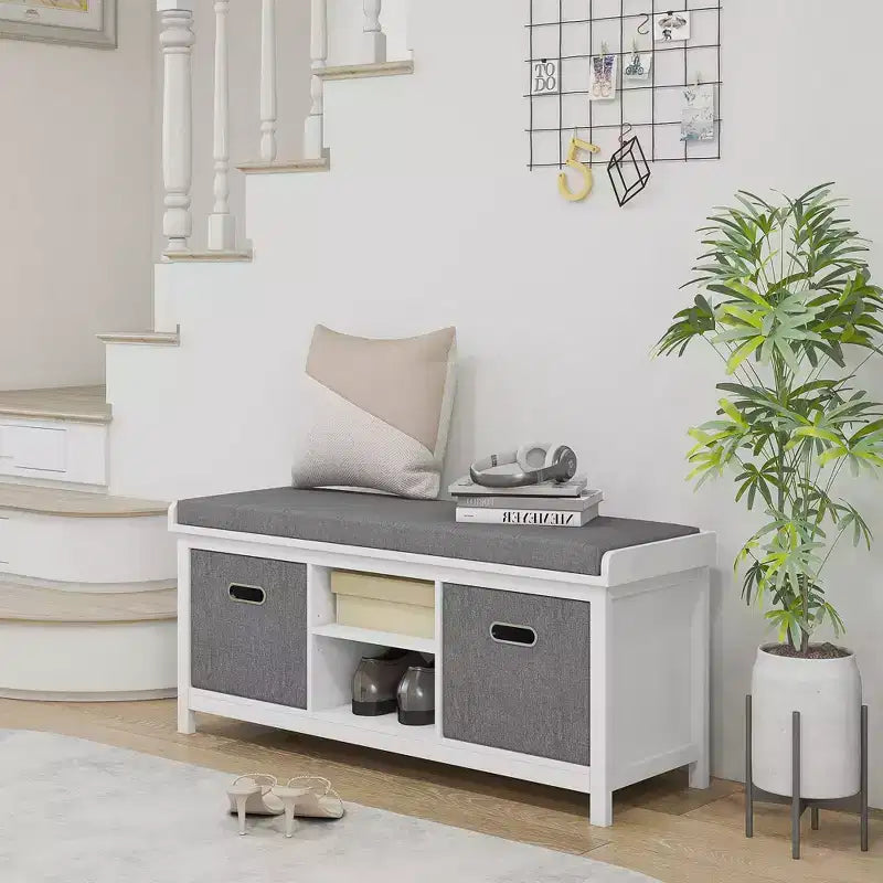 Banc à chaussures HOMCOM avec coussin, banc de rangement d'entrée avec siège rembourré, 2 tiroirs et étagère réglable pour couloir, salon, chambre, blanc