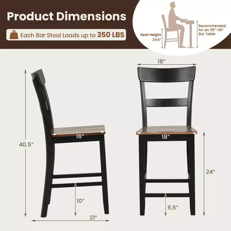 Costway Tabourets de Bar en Bois Lot de 2 Chaises de Bar avec Cadre en Bois d'Hévéa LVL, Dossier, Repose-Pieds Noir/Blanc