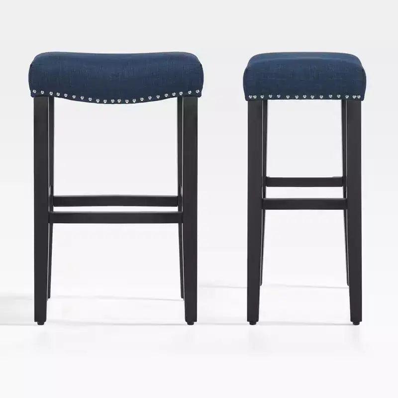 WestinTrends 29 Upholstered Saddle Seat Bar Stool (Set of 2), Black/Navy Blue