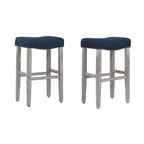 WestinTrends 29 Upholstered Saddle Seat Bar Stool (Set of 2), Antique Gray/Navy Blue