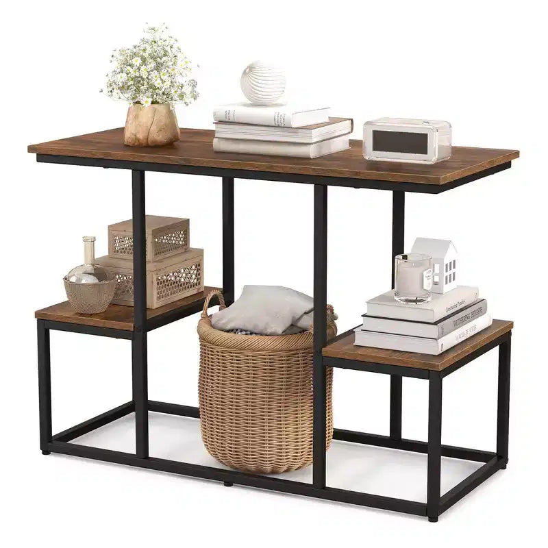 Costway Meuble TV rustique pour téléviseurs 50 pouces, Table de canapé industrielle avec étagères de rangement ouvertes, Marron rustique