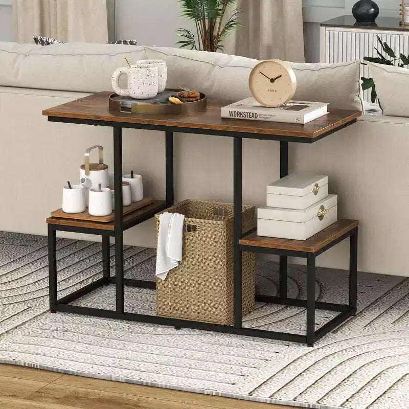 Costway Meuble TV rustique pour téléviseurs 50 pouces, Table de canapé industrielle avec étagères de rangement ouvertes, Marron rustique