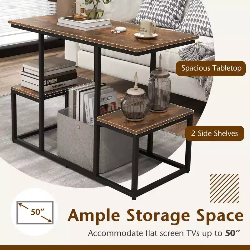 Costway Meuble TV rustique pour téléviseurs 50 pouces, Table de canapé industrielle avec étagères de rangement ouvertes, Marron rustique
