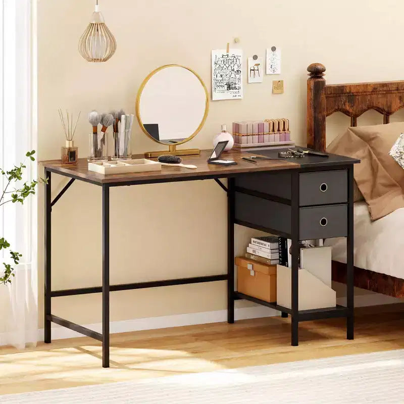 Costway Bureau Informatique 48" Style Industriel avec Étagère Ouverte et 2 Tiroirs en Tissu