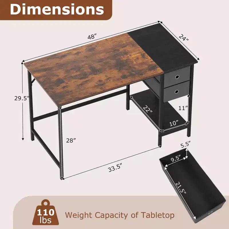 Costway Bureau Informatique 48" Style Industriel avec Étagère Ouverte et 2 Tiroirs en Tissu