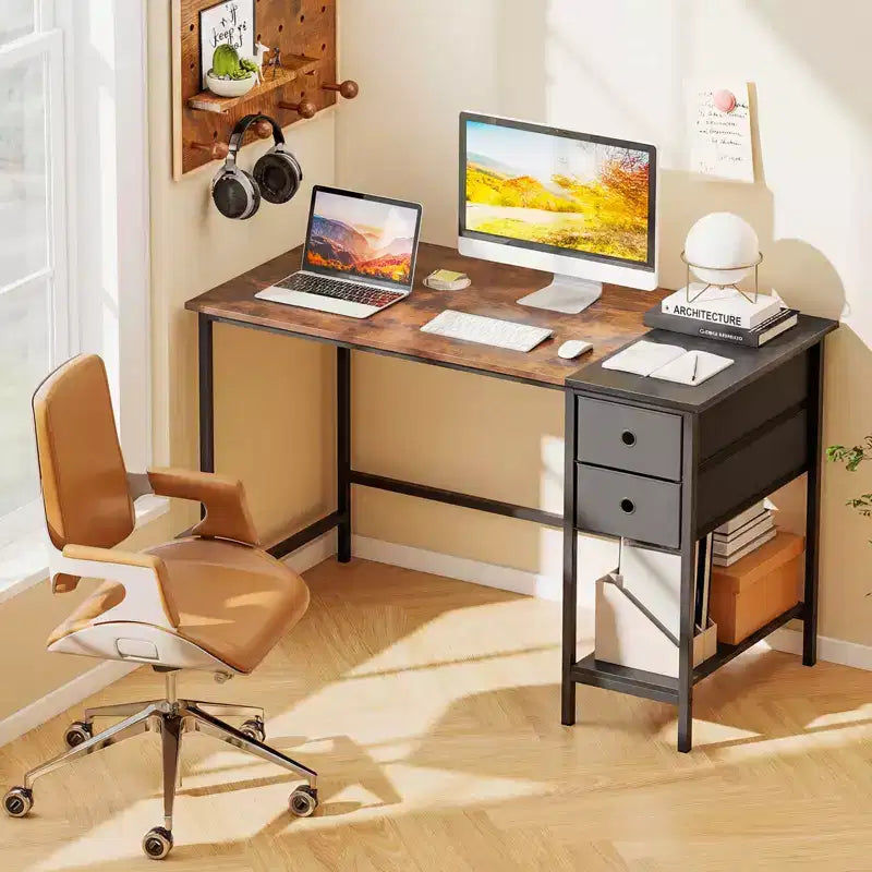 Costway Bureau Informatique 48" Style Industriel avec Étagère Ouverte et 2 Tiroirs en Tissu