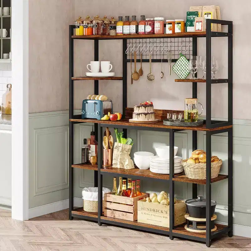 Lantine 55 Meuble de Rangement de Cuisine avec 11 Crochets, Étagère à Micro-Ondes, Étagère à Pâtisserie 5 Niveaux avec Espace de Rangement
