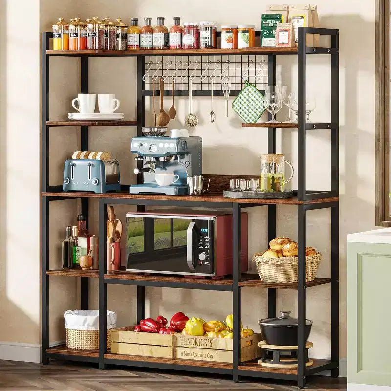 Lantine 55 Meuble de Rangement de Cuisine avec 11 Crochets, Étagère à Micro-Ondes, Étagère à Pâtisserie 5 Niveaux avec Espace de Rangement