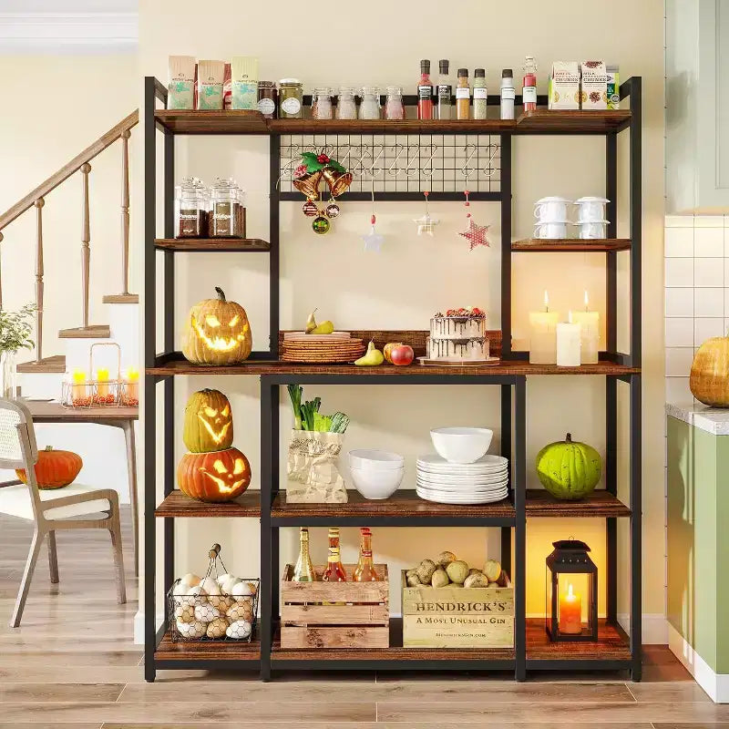 Lantine 55 Meuble de Rangement de Cuisine avec 11 Crochets, Étagère à Micro-Ondes, Étagère à Pâtisserie 5 Niveaux avec Espace de Rangement