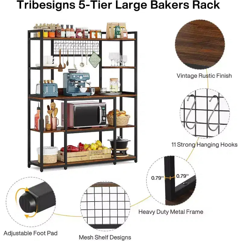 Lantine 55 Meuble de Rangement de Cuisine avec 11 Crochets, Étagère à Micro-Ondes, Étagère à Pâtisserie 5 Niveaux avec Espace de Rangement
