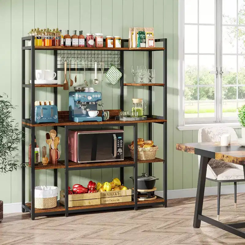 Lantine 55 Meuble de Rangement de Cuisine avec 11 Crochets, Étagère à Micro-Ondes, Étagère à Pâtisserie 5 Niveaux avec Espace de Rangement