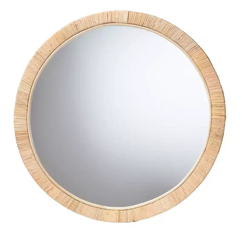 Miroir rond Bella moderne bohème en bois d'acajou marron naturel et rotin naturel de Bali & Pari