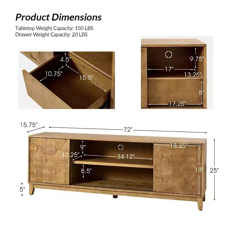 Meuble TV Jules Modern 72 po pour téléviseurs jusqu'à 78 po avec portes d'armoire hexagonales|ART OF LIVING DESIGNS
