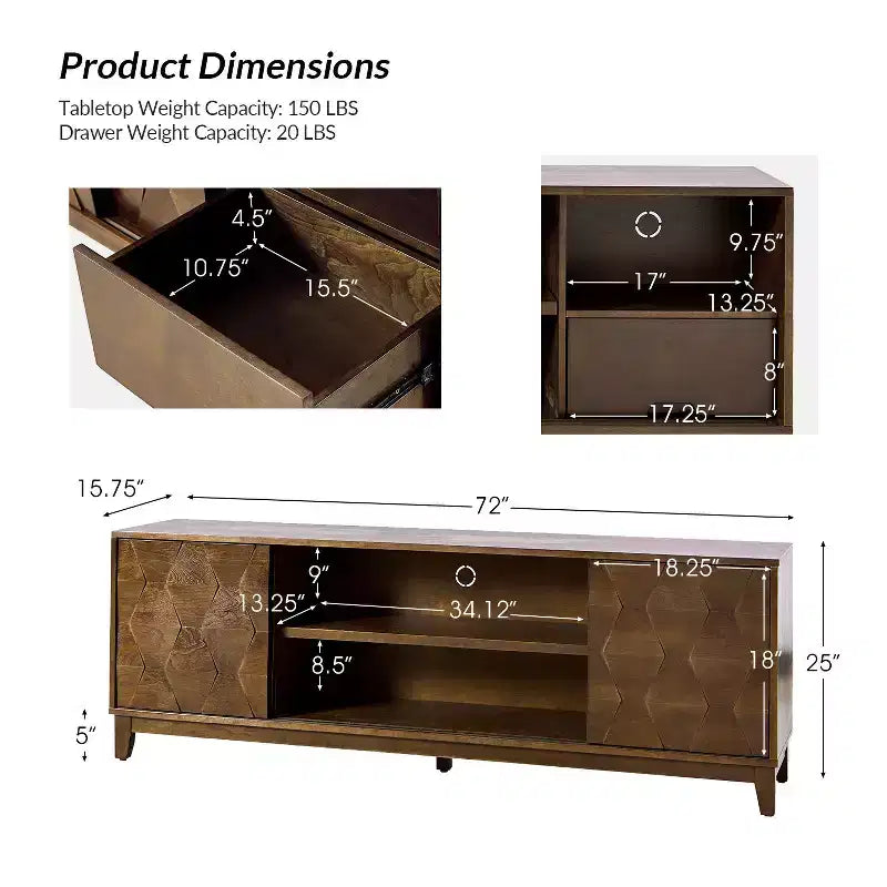 Meuble TV Jules Modern 72 po pour téléviseurs jusqu'à 78 po avec portes d'armoire hexagonales|ART OF LIVING DESIGNS