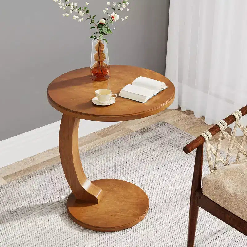 Table d'appoint ronde Lantine, Table d'appoint en bois en forme de C, Table d'appoint de canapé de style Mid-Century, Petite table d'appoint bohème pour salon, chambre à coucher