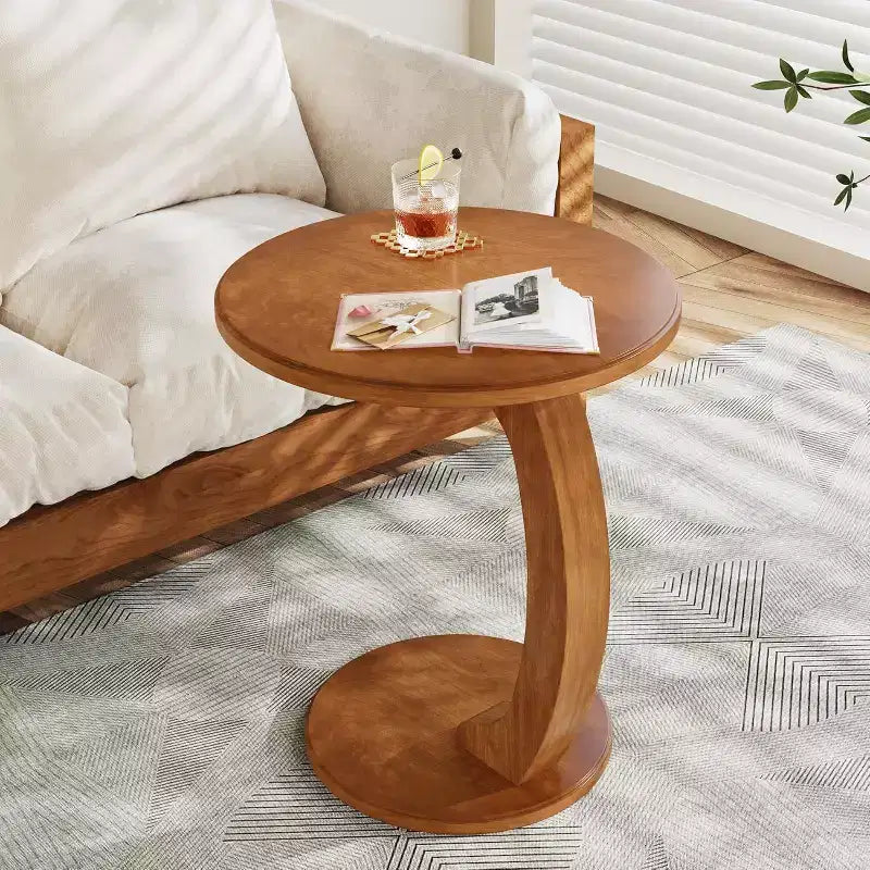 Table d'appoint ronde Lantine, Table d'appoint en bois en forme de C, Table d'appoint de canapé de style Mid-Century, Petite table d'appoint bohème pour salon, chambre à coucher