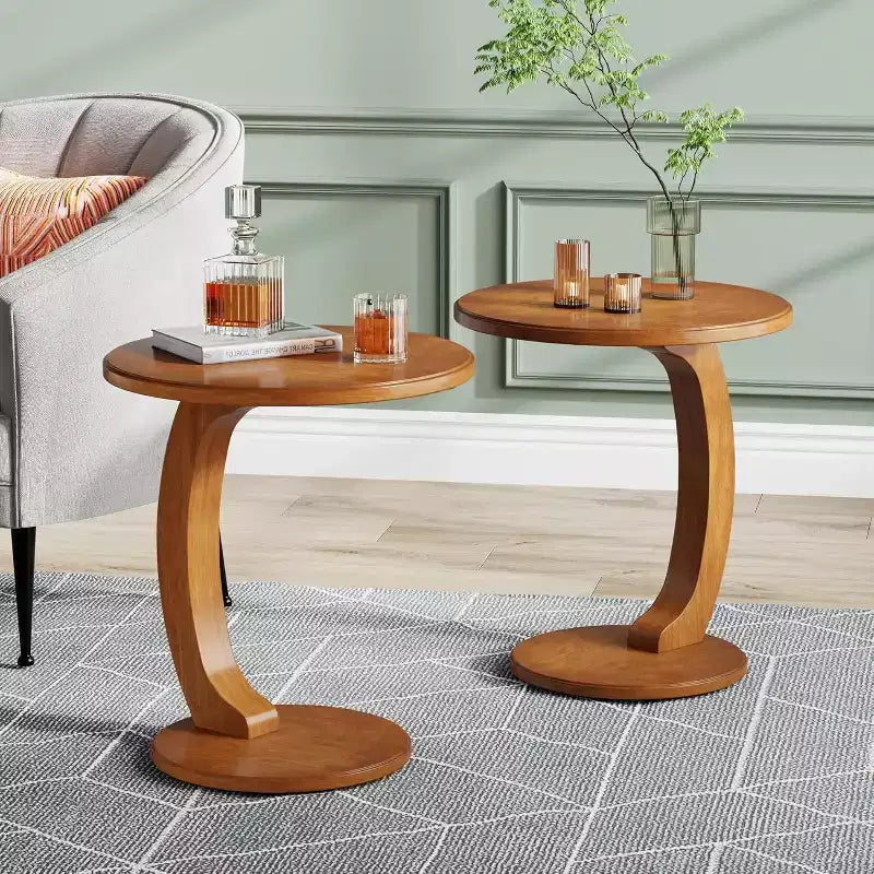 Table d'appoint ronde Lantine, Table d'appoint en bois en forme de C, Table d'appoint de canapé de style Mid-Century, Petite table d'appoint bohème pour salon, chambre à coucher