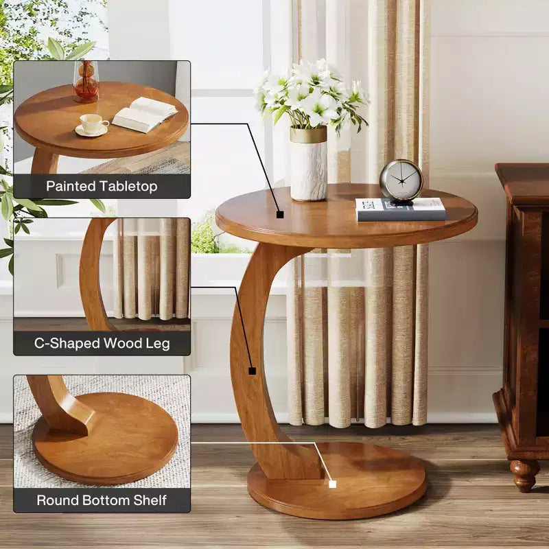 Table d'appoint ronde Lantine, Table d'appoint en bois en forme de C, Table d'appoint de canapé de style Mid-Century, Petite table d'appoint bohème pour salon, chambre à coucher