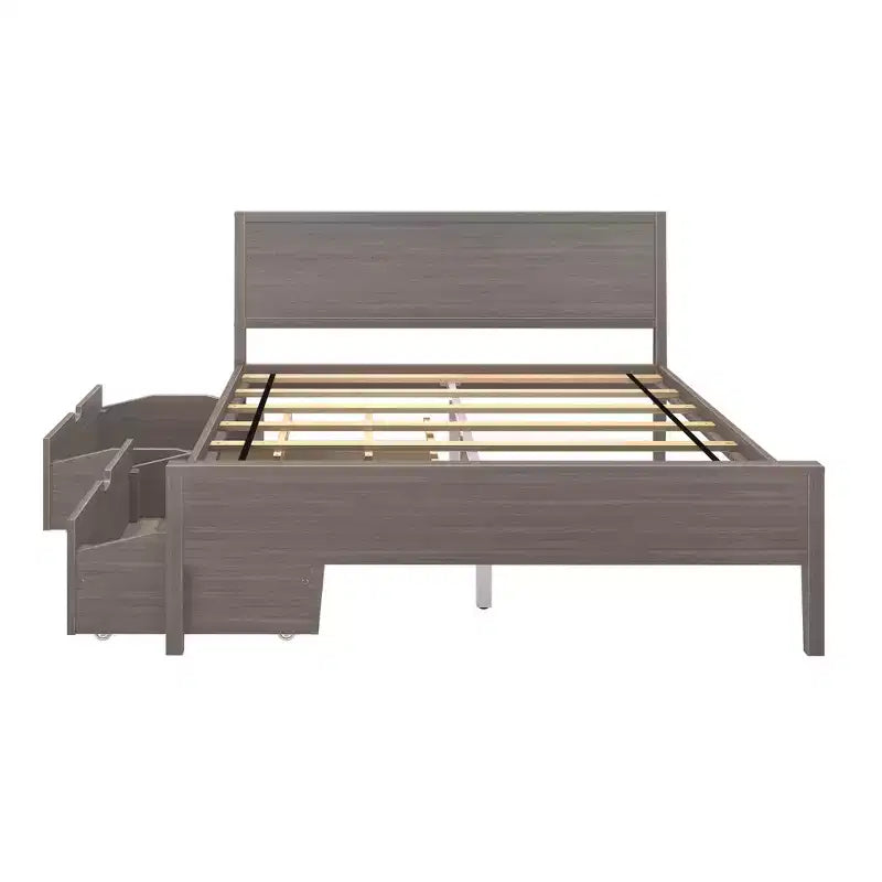 Lit Queen Max & Lily avec tiroirs de rangement, cadre de lit en bois massif avec tête de lit à panneaux, support à lattes en bois, pas besoin de sommier tapissier